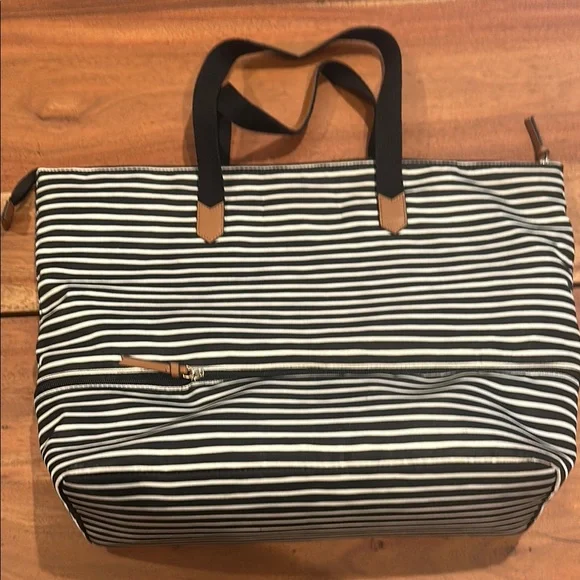 Stella & Dot Striped Black and White Tote Bag with Brown Accents - Picture 2 of 7